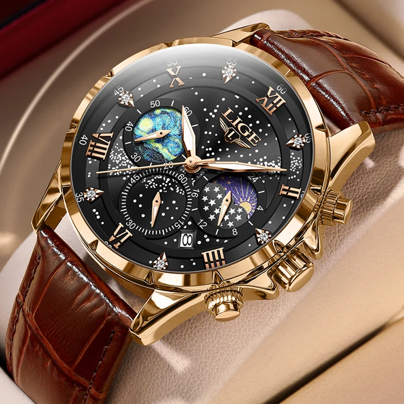 LIGE Sports Chronograph Wrist Watches For Men Waterproof Luminous Quartz Men Watch Fashion Leather 24 hour Moon Phase Watch Men
