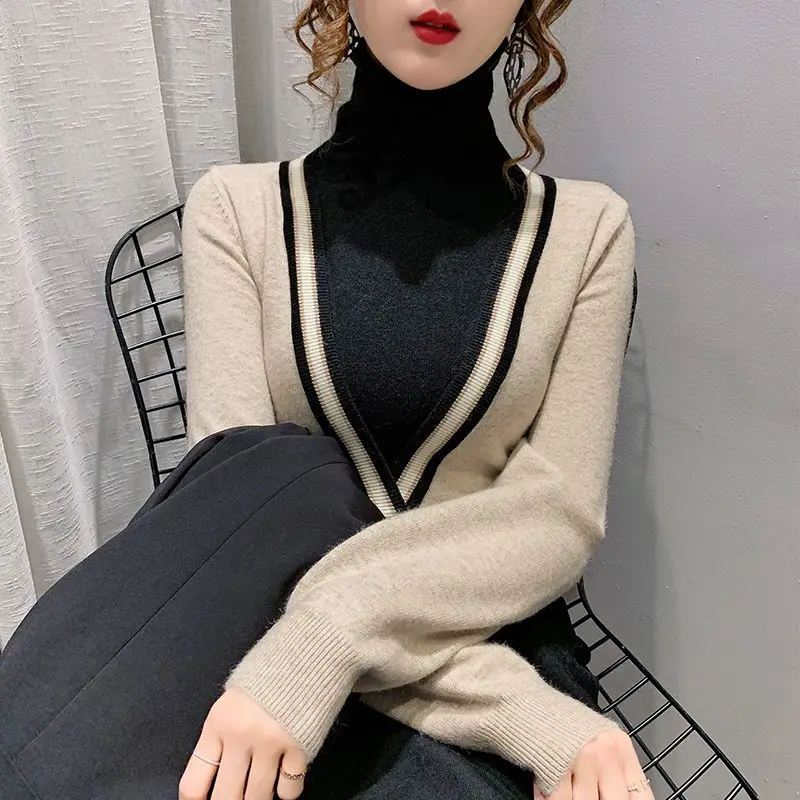

Autumn Winter New Fake Two Pieces Knitting Bottoming Shirt Long Sleeve Slim All-match Pullovers Fashion Elegant Women Clothing