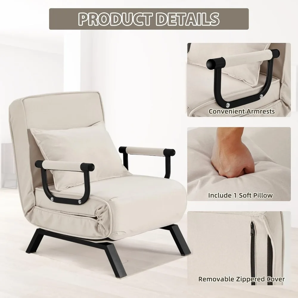 Convertible Single Person Sofa Bed with Adjustable Chaise Lounge and Folding Armchair, featuring Pillow and 5 Settings