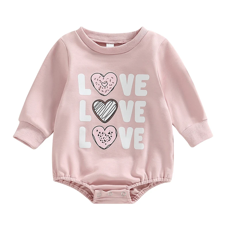 

Baby Girls Valentine's Day Clothes Spring Autumn Casual Romper Pink Long Sleeve O Neck Letter Heart Print Playsuit