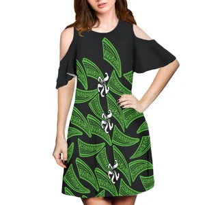 Summer O Neck Short Sleeve Fashion Mini Dress Casual Off-The-Shoulder Women's Dress Cool Holiday Party Dress Polynesian Print