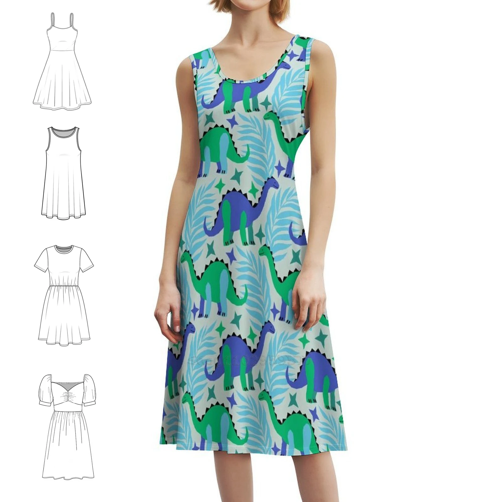 Dinosaurs Bohemian Sleeveless Dress For Women Print Beach Party Dresses Dino Dinosaur Kids Geometric Bright Evening Dress Women