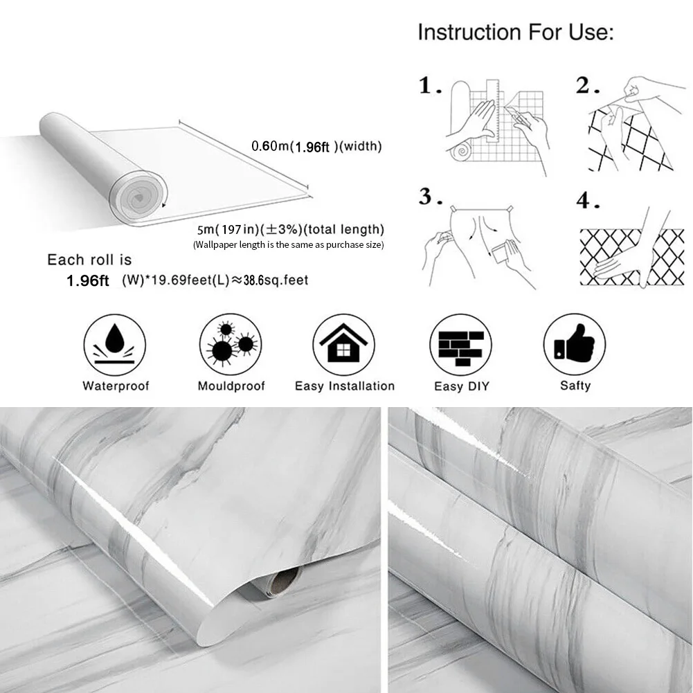 【Lifeideas】Marble Waterproof Oilproof Self Adhesive Wall Paper for Countertop
