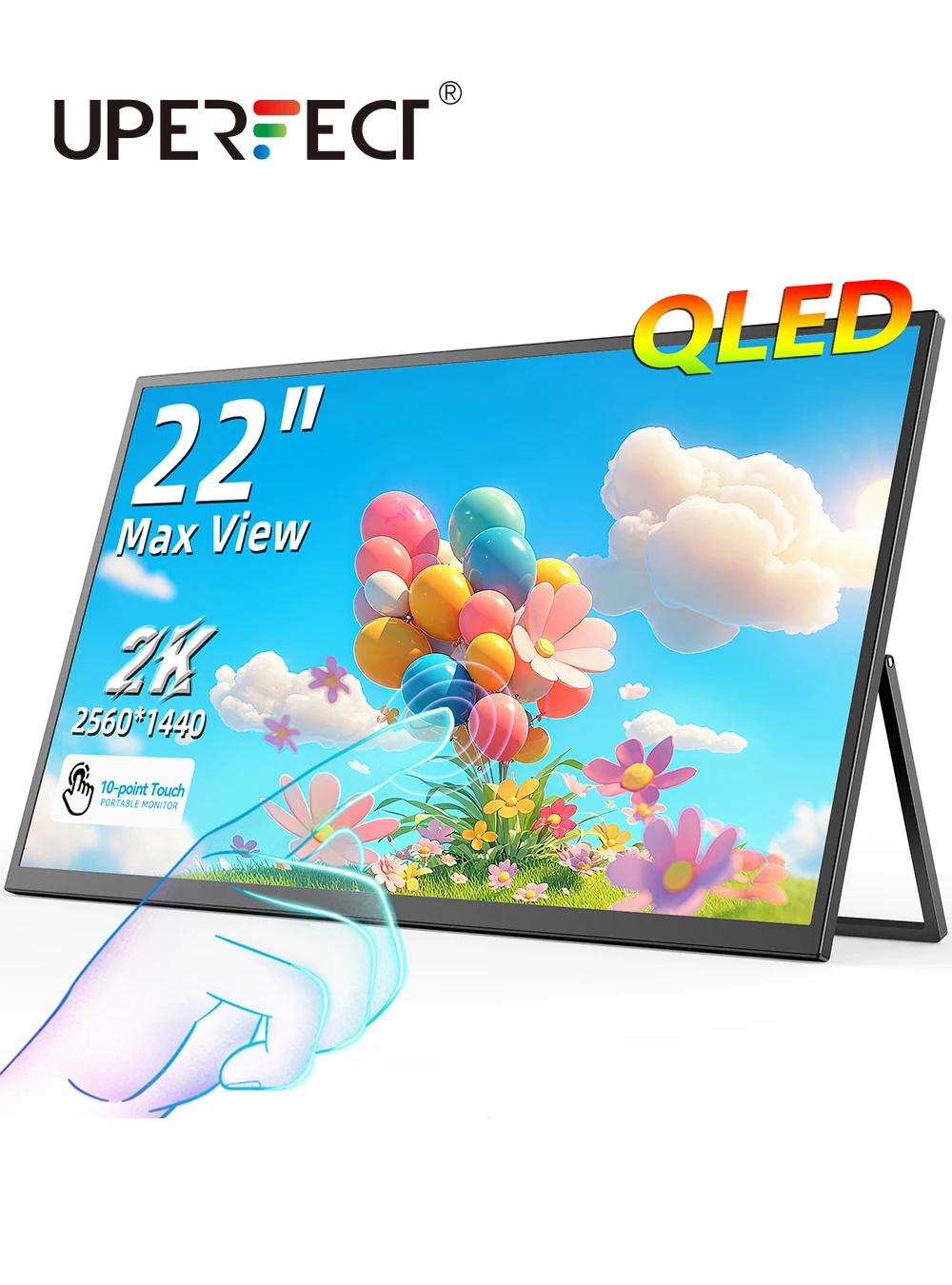 Moniteur portable tactile QLED 2K UPERFECT 22 pouces avec VESA et support réglable à 180°, couverture 100 % DCI-P3, FreeSync, HDR, idéal pour les jeux en déplacement sur ordinateur portable, MacBook, Steam Deck, téléph