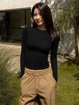Women Casual Long Sleeve T-shirts Elastic Basic Autumn Solid Slim Pullovers Tee Shirt Female Streetwear Base Lady Top 1