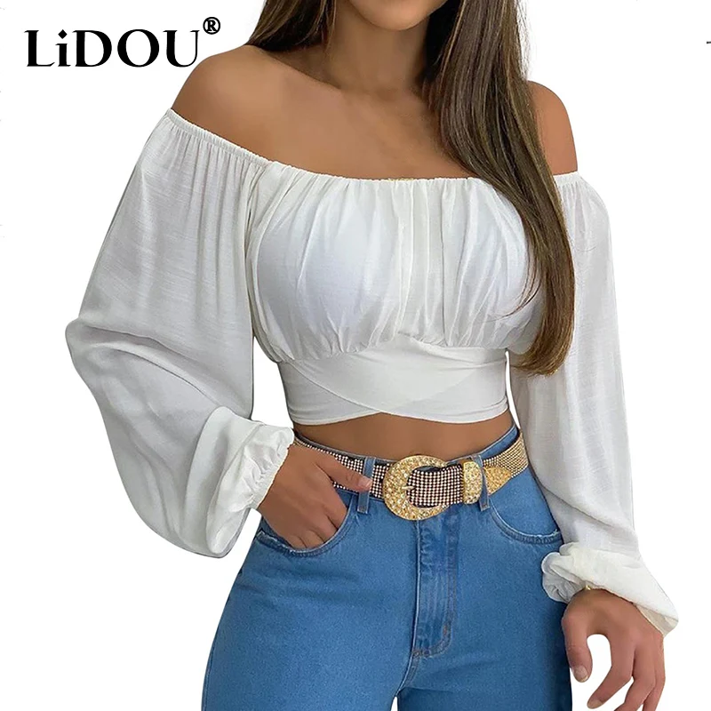 2022 Summer Women's Sexy One Word Collar Ruched Cross Lace Up Lantern Long Sleeve Crop Top Shirt Blouse Femme Fashion Clothing blouses color block criss cross ruched fake two piece blouse in multicolor size s