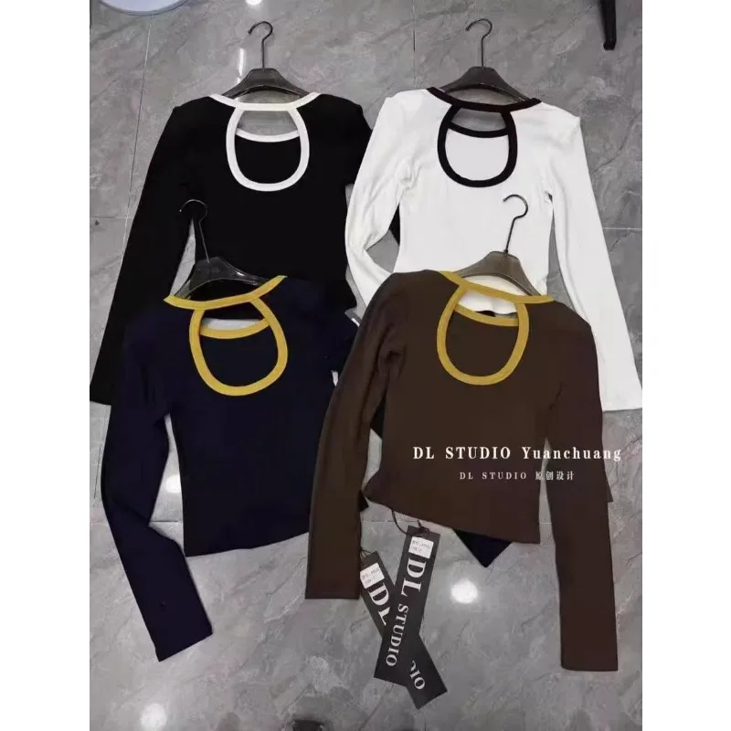 Autumn New Fashion Versatile Slim Round Neck Color Backless Long-sleeved T-shirt Top