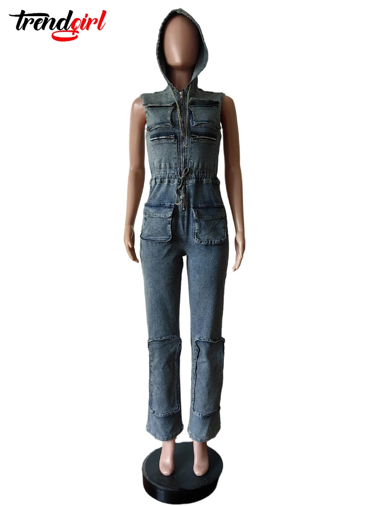 Trendgirl Vintage One Pieces Overalls Denim Stretch Women Zipper Pocket Jumpsuit Hoodies Drawstring Waist Streetwear Jean Romper
