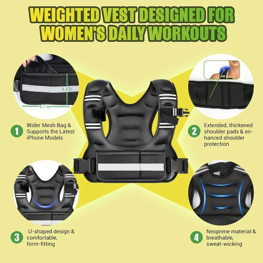 Adjustable Weighted Vest for Women, 6-12lb U-Shaped Weight Vest with 6 Iron Sand Bags & Adjustable Buckle Straps, Rucking Vest w
