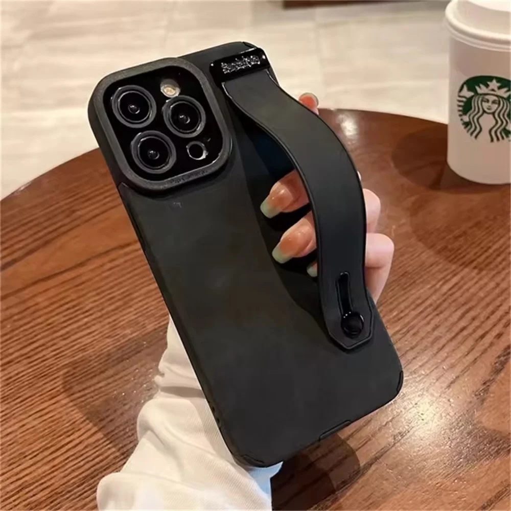 아이폰 16 17 15 14 플러스 13 12 11 프로 맥스용 양가죽 손목 스트랩 홀더 케이스 충격 방지 실리콘 지원 폰 커버