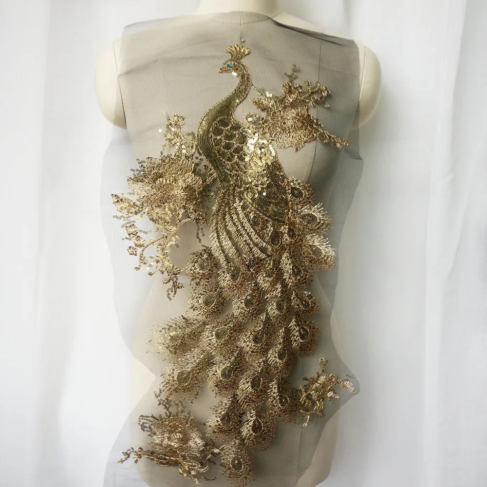 

Gold Sequin Embroidered Peacock Birds Applique Lace Fabric Trimming Sewing Patch Wedding Gown Dress DIY Crafts