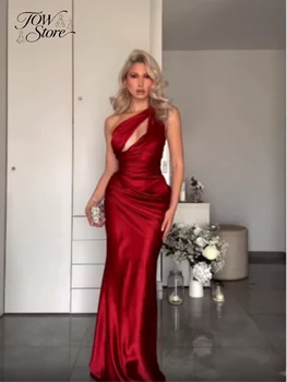 Elegant Solid Ruched Satin Maxi Dress Women One-shoulder Sleeveless Slim Fit Flowy Dresses 2026 Lady Summer Evening Vestidos