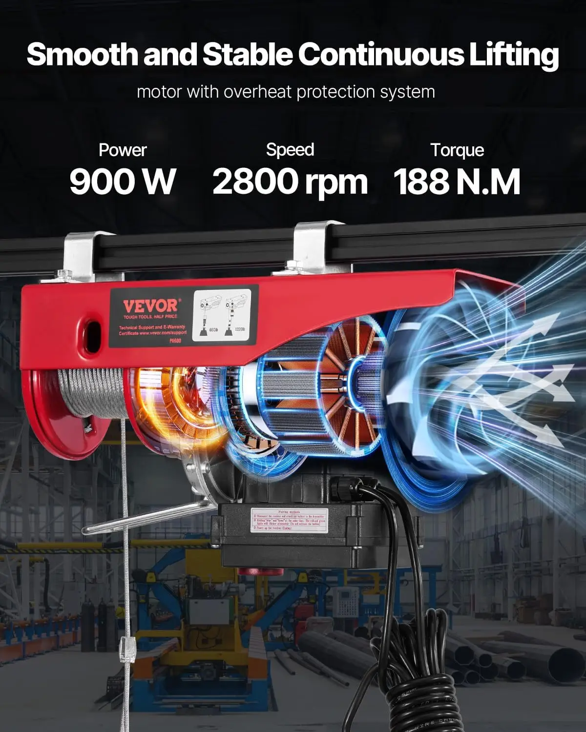 Electric Hoist, 1320 lbs 120V Electric Winch with 328 ft Wireless & 14 ft Wired Remote Control 40 ft Single Cable Lifting Height