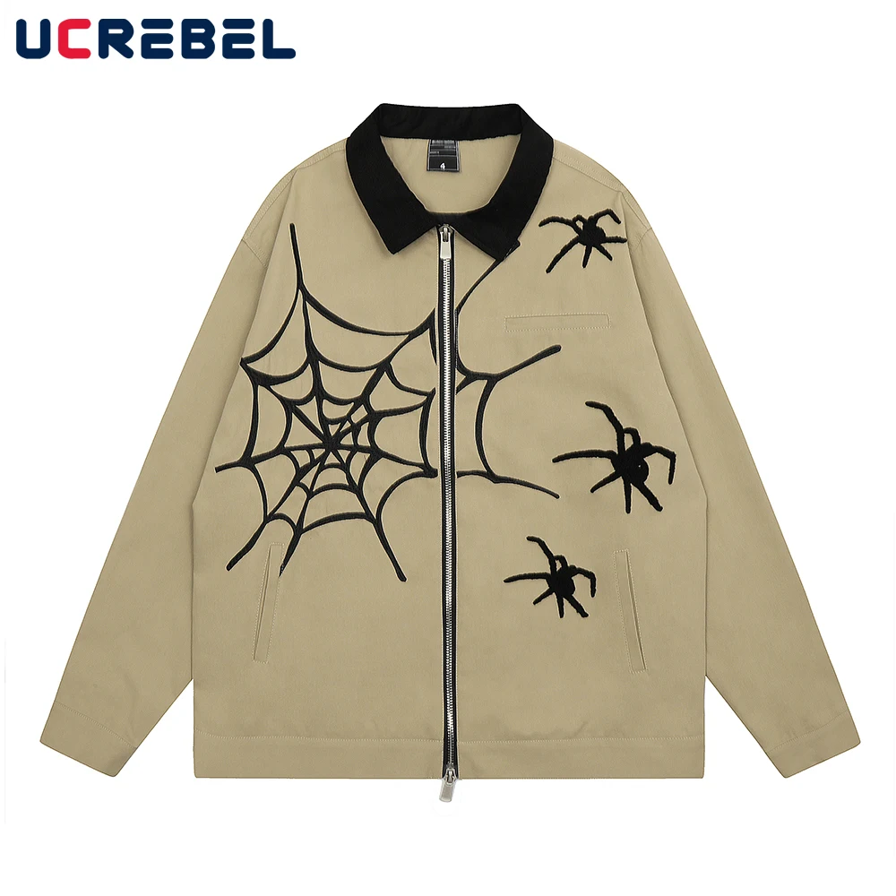 

Spider Web Embroidery Casual Jacket Mens Streetwear Contrast Lapel Loose Long Sleeve Zipper Outerwear Men
