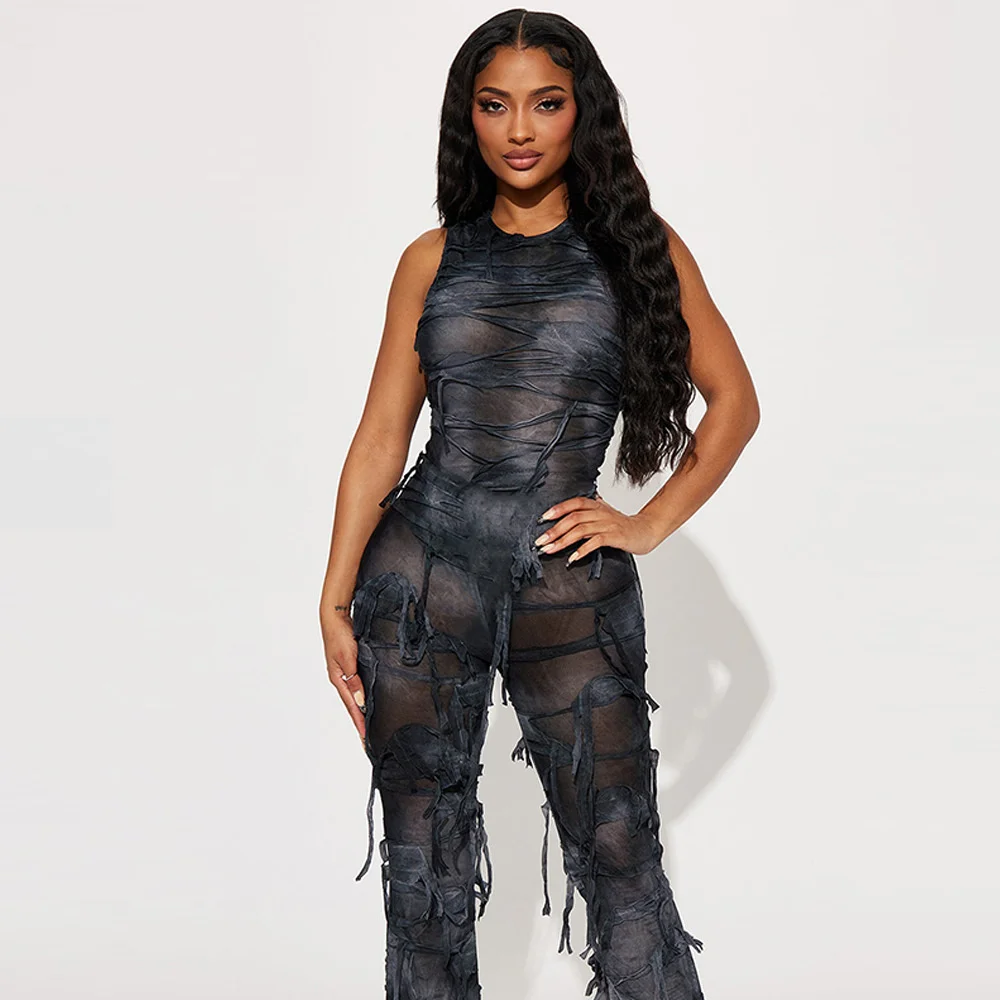 

Zoctuo Fashion Tie Dye Sleeveless Jumpsuits For Women Sexy Slim Tassel Streetwear Jumpsuit Female Halloween Festival Wear Party