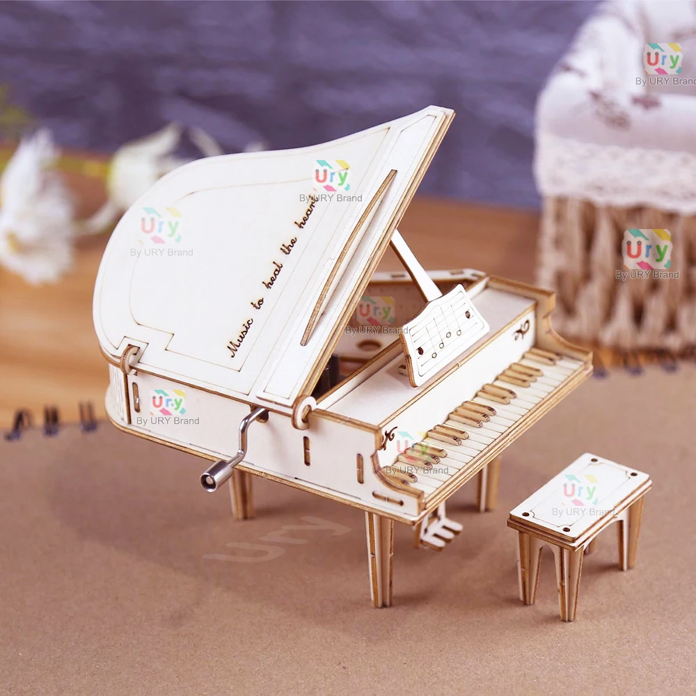 URY 3D Wooden Grand Piano Hand Crank Musical Movement Instruments DIY Retro Toy Rhythm Device Model for Children Christmas Gift images - 6