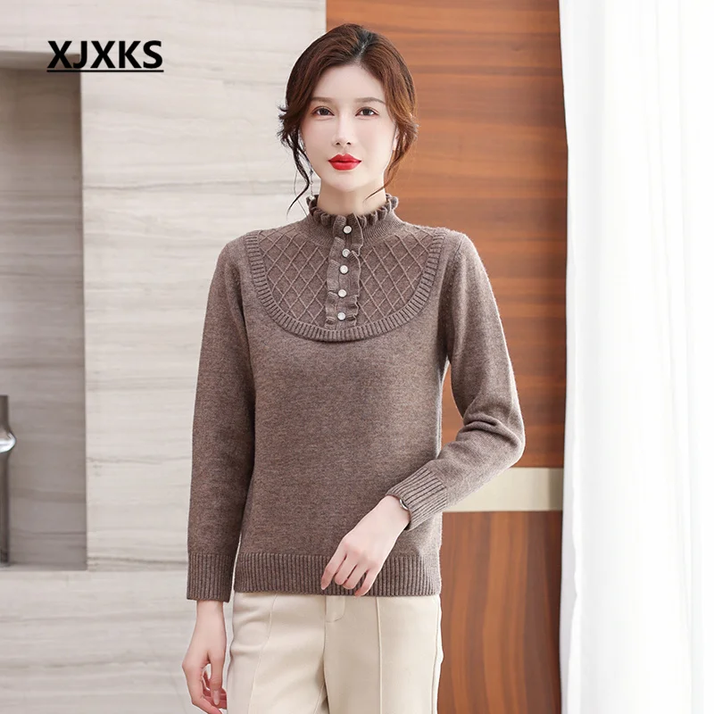 

XJXKS 2022 Winter New Thickened Warm Women's Half Turtleneck Sweater Casual Wool Knitted Pullover Sueters De Mujer