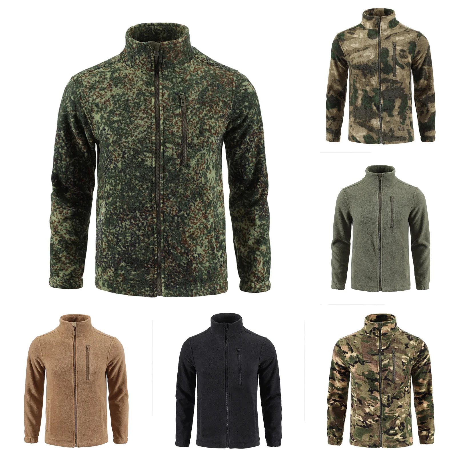 카모플라주 지퍼 재킷 남성용 양면 폴라 플리스 따뜻한 코트 사냥용 스탠드업 칼라 전술 훈련 라이너 가디건 탑스