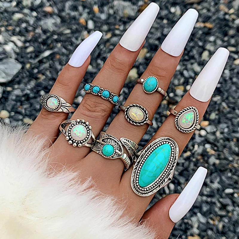 Tocona Vintage Stone Joint Ring Set For Women Men
