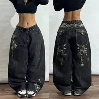 American New Fashion Geometric Pattern Embroidered Baggy Jeans Women Y2K Harajuku Vintage Hip-hop Popular Casual Wide-leg Pants - Image 4