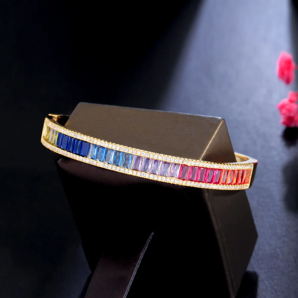 CWWZircons Unique Baguette Rainbow Cubic Zirconia Round Open Cuff Bangle for Women Trendy Brazilian Gold Plated Jewelry BG048 5
