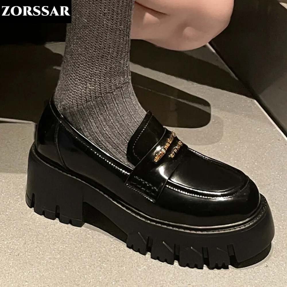 

Women Loafers 2024 Spring Metal Button Black Platform Women's Shoes Fashion JK Lolita Soft Soled Student Office Leather Shoes
