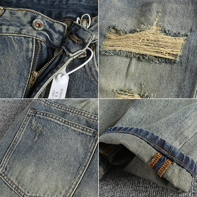 Heavy vintage blue water wash old ripped patch jeans men's American high street loose straight leg youth pants trend