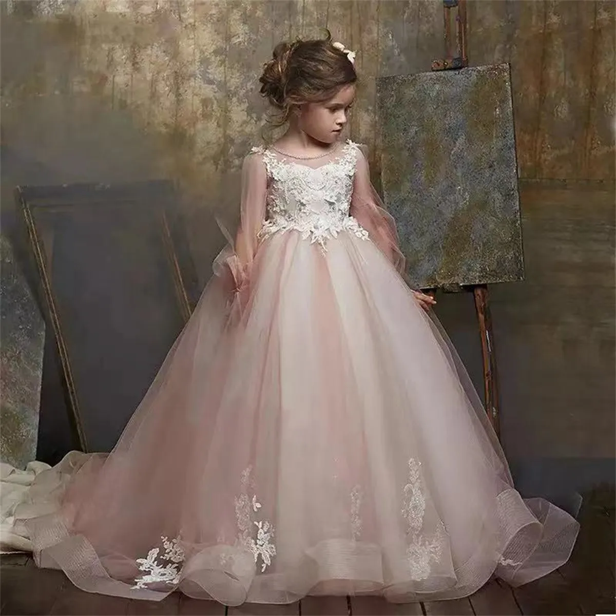 

Flower Girl Dresses Lovely A-line For Wedding Lace Tulle Appliques Illusion Long Sleeves Princess First Communion Party Dress