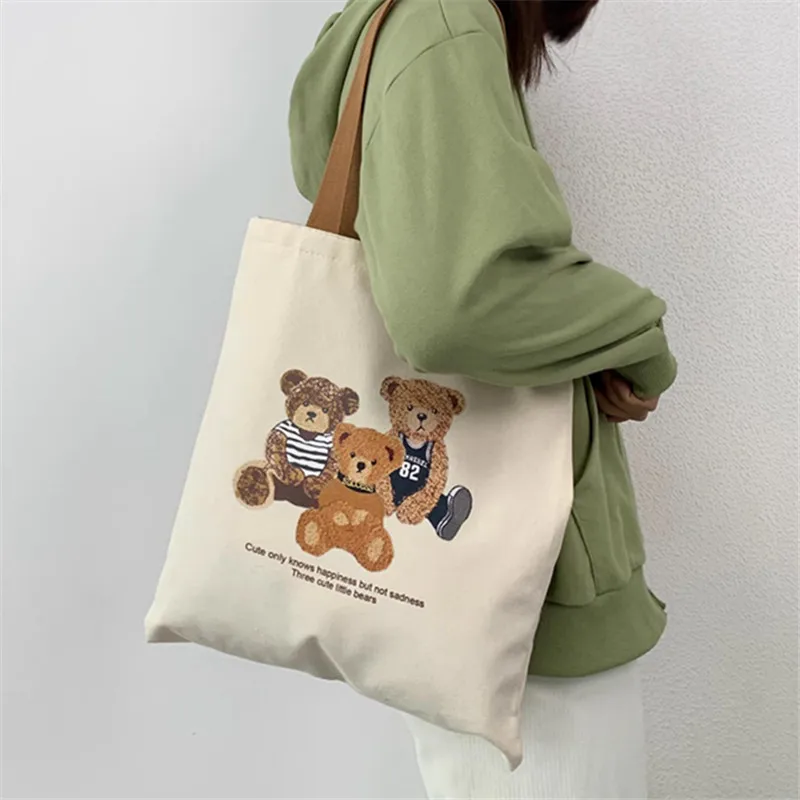 Cute Bear Print Tote Bag Large Capacity Canvas Bag Women Version Shoulder Bag Literature Student Zipper Handbag for Women Daily
