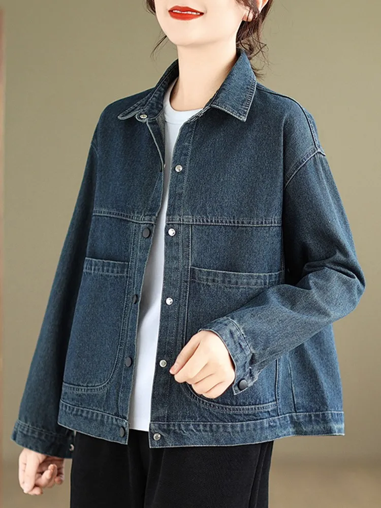100% Cotton Denim Jacket with Turn-Down Collar Loose Fit Oversized