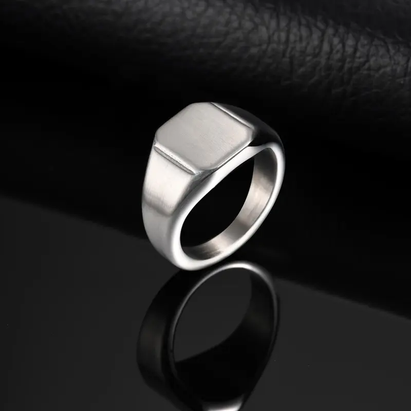 Silver Color Square Signet Ring for Men Women,Brushed