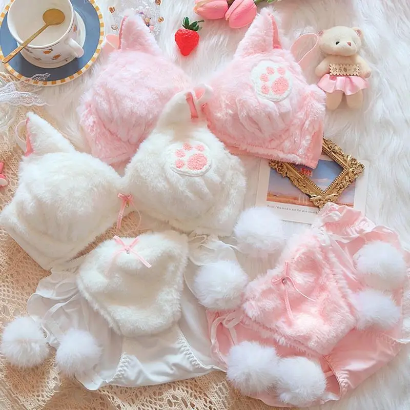 

Furry Underwear Plush Thermal Bra Set Japanese Girl Soft Girl Sweet and Cute Cartoon Pure Cotton Without Wire Rings