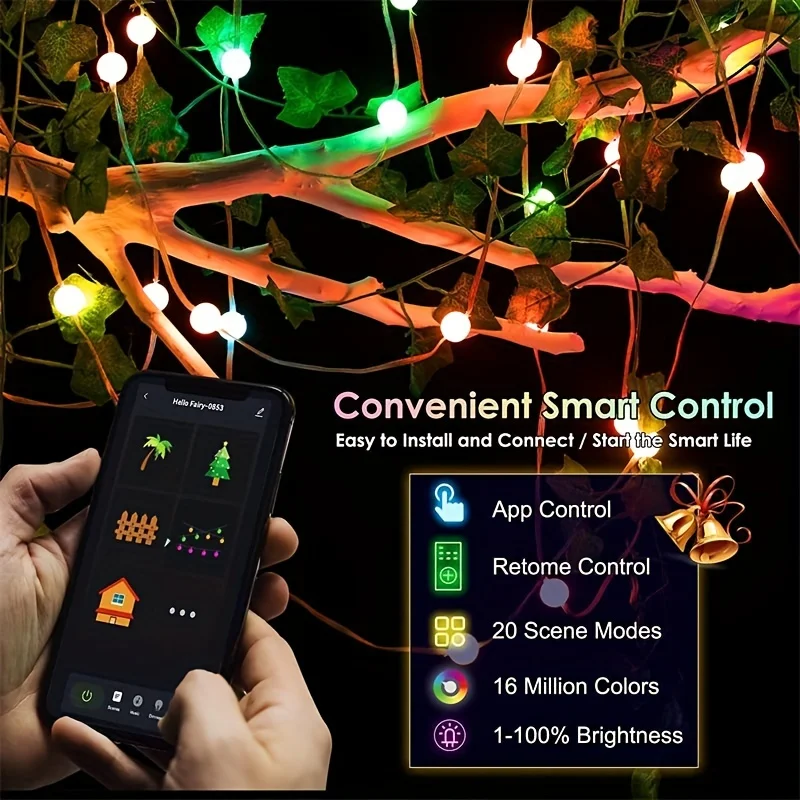 Hello Fairy 앱 리모컨 LED 글로브 램프 스트링 램프, RGB BLE 5.0 야외 IP65 램프 스트링, IR 리모컨 미국 플러그 포함, 5M