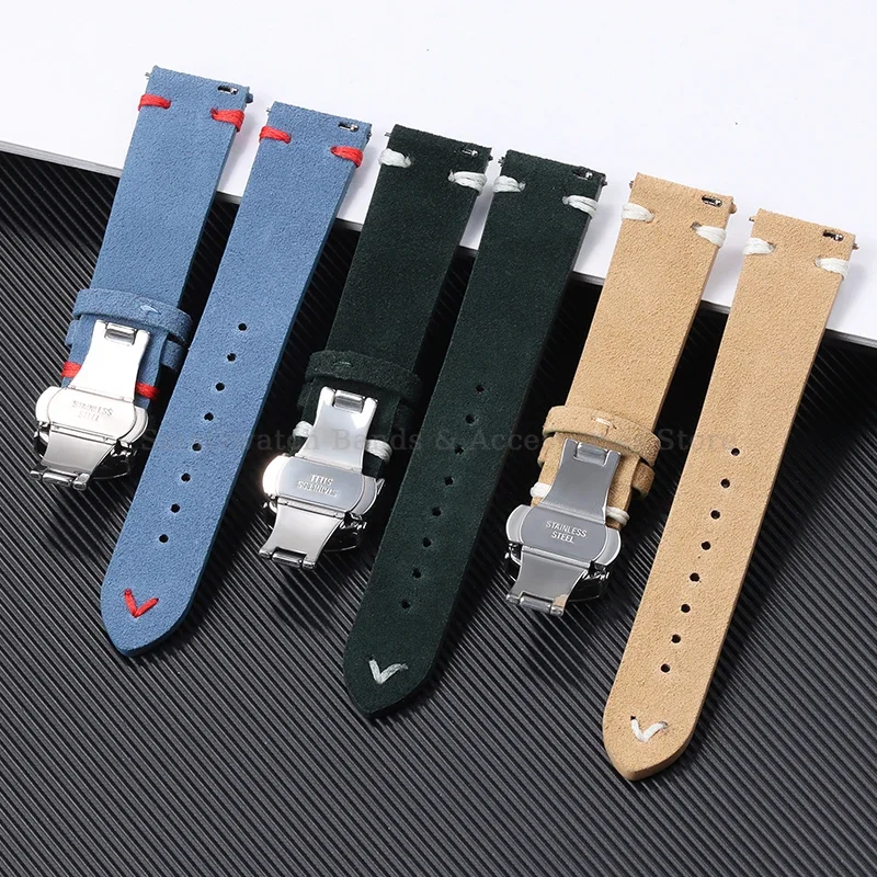 Vintage Handmade Suede Stitch Leather Watch Strap with Quick Release and Folding Clasp