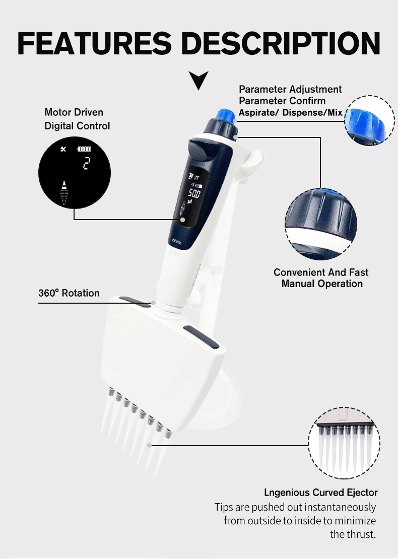 DPette+ Multifunktionale 8-Kanal Elektronische Pipette Digitale Pipette Mischpipette Laborbedarf Mikropipette Laborausrüstung – Detail 5