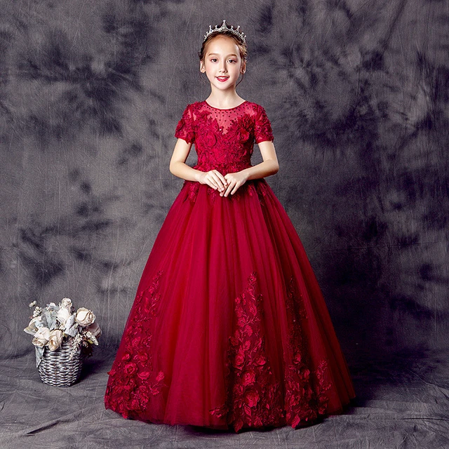 Vestido largo de princesa para niña pequeña, traje elegante de noche, color vino, de 3 a 12 años, para fiesta de cumpleaños, 2023 _ -