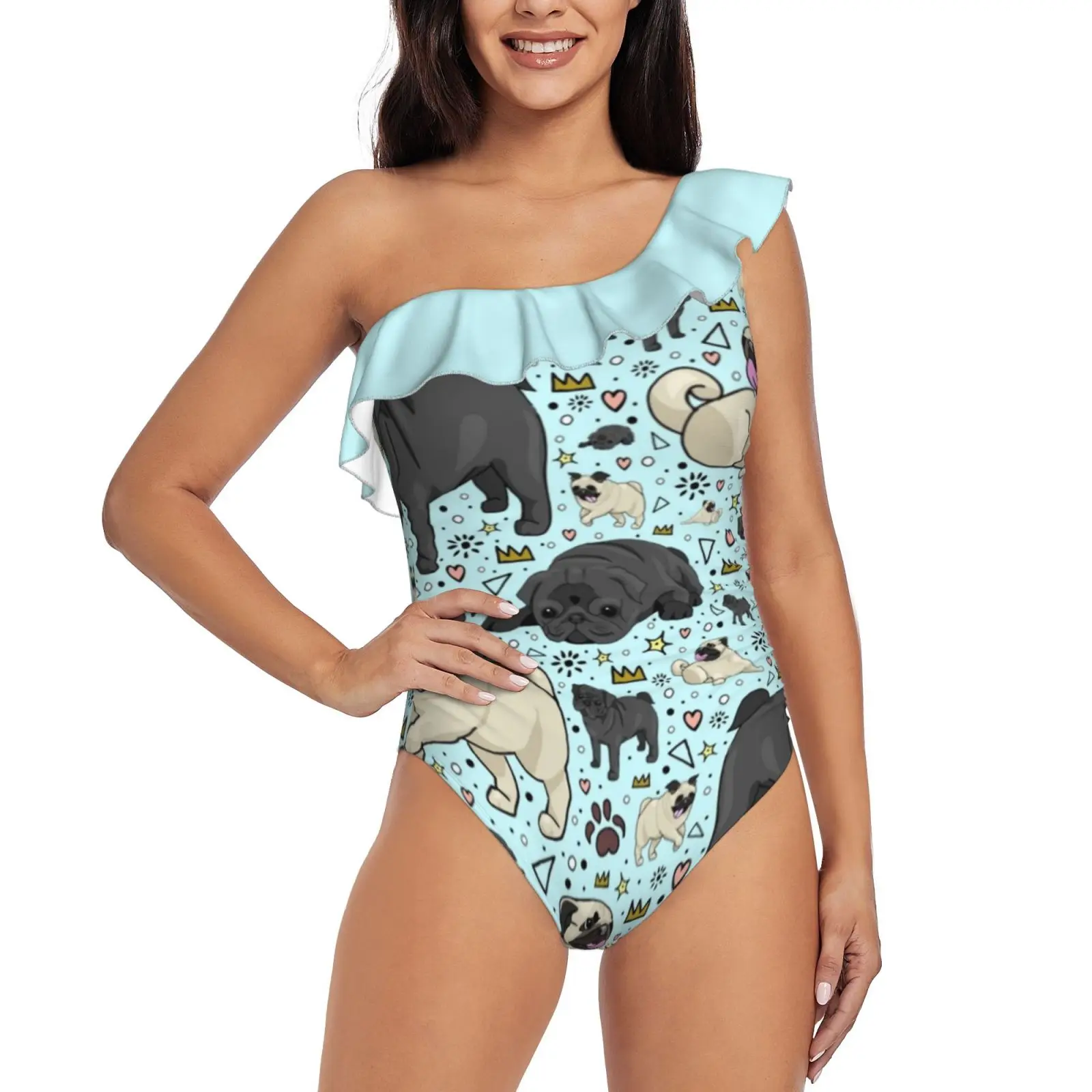 

Pug Life One Shoulder Ruffle Swimsuit One Piece Print Swimwear Women Bathing Suit Monokini Pugs Pug Cute Pugs Cool Pugs Cute