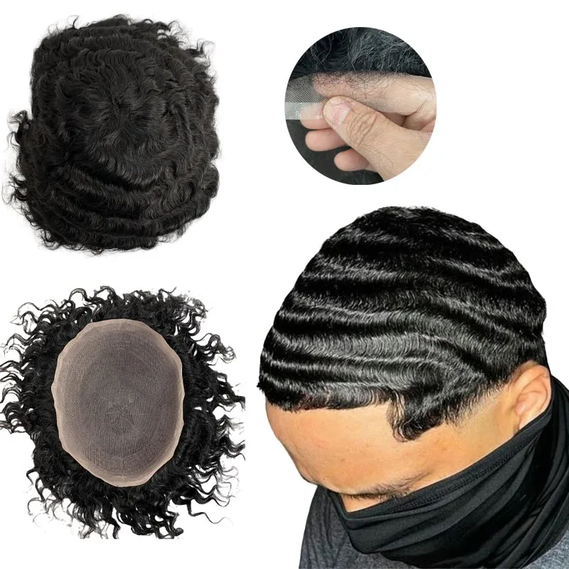 

Indian Virgin Human Hair Pieces 1B# Off Black Color 20mm Wave Toupee Full Lace Units for Black Men Fast Express Delivery