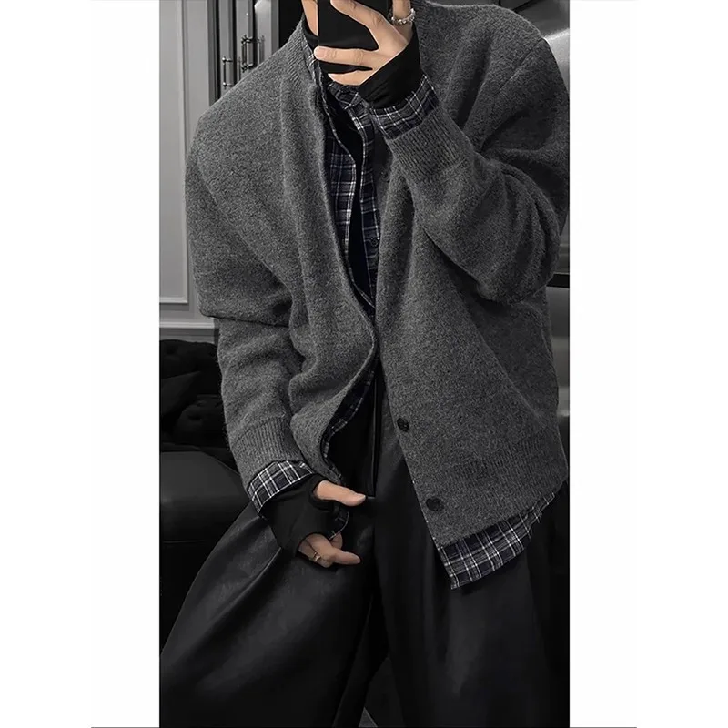 가을과 겨울에 입는 남성용 올드 머니 스타일 페이크 투피스 카디건 스웨터, 여유롭고 편안한 울 스웨터 재킷