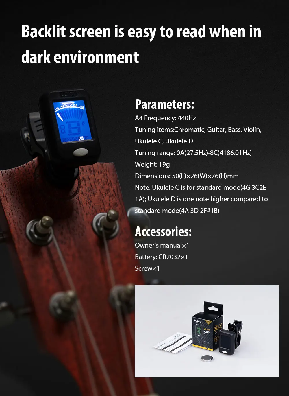 Description Picture 6 of itemJOYO JT-09 Guitar Tuner Digital Digital Clip-On Electronic Tuner Guitar Bass Violin Ukulele Acoustic Guitar Parts & Accessories