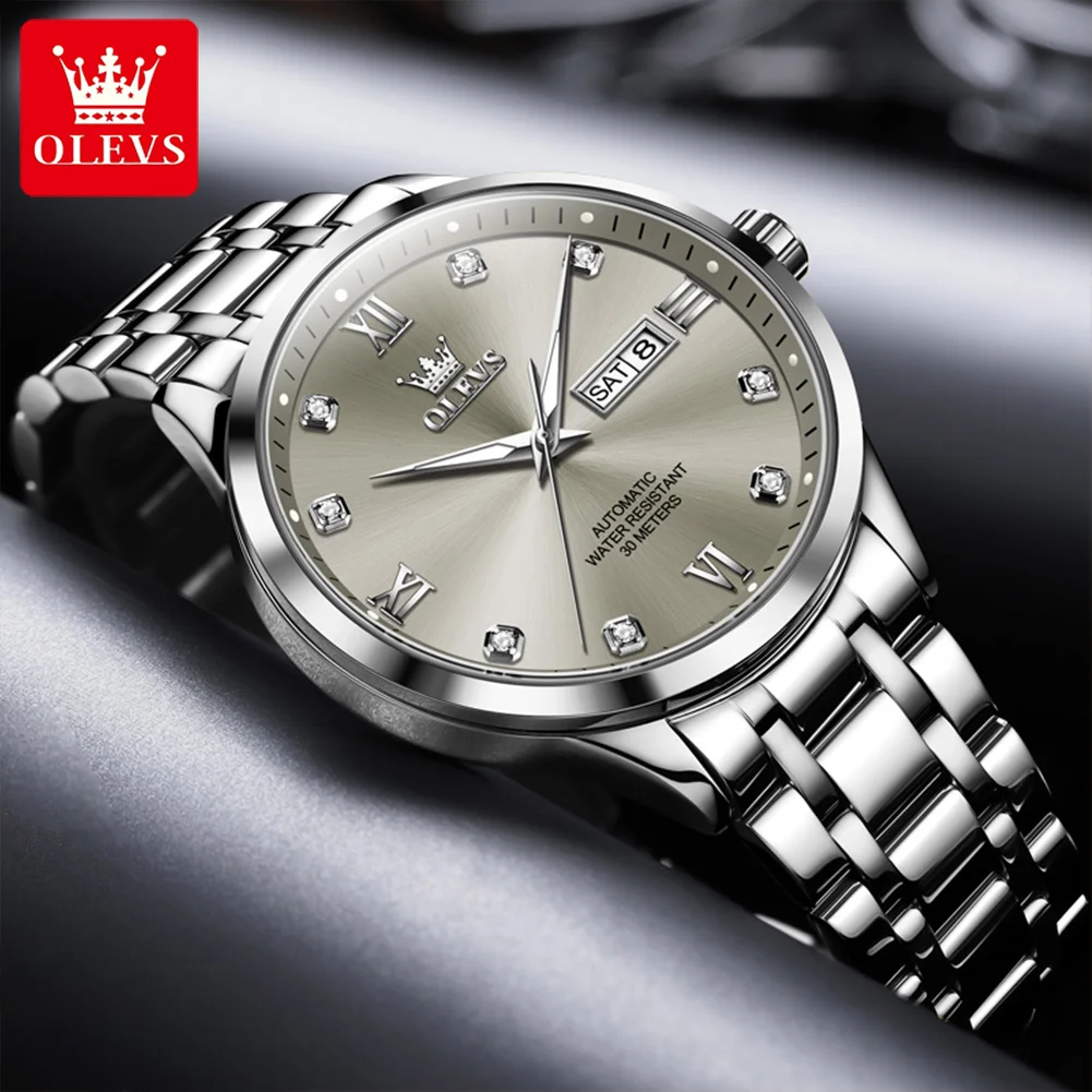 OLEVS Fashion Gray Mechanical Watch for Men Stainless Steel Waterproof Luxury Diamond Watches Week Date Business Mens Wristwatch