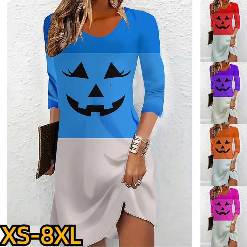 

Crewneck MIDI Skirt Winter Ladies New Design Printed Dress Fall Women's Halloween Long Sleeve Dress Fashion Knee-length Skirt