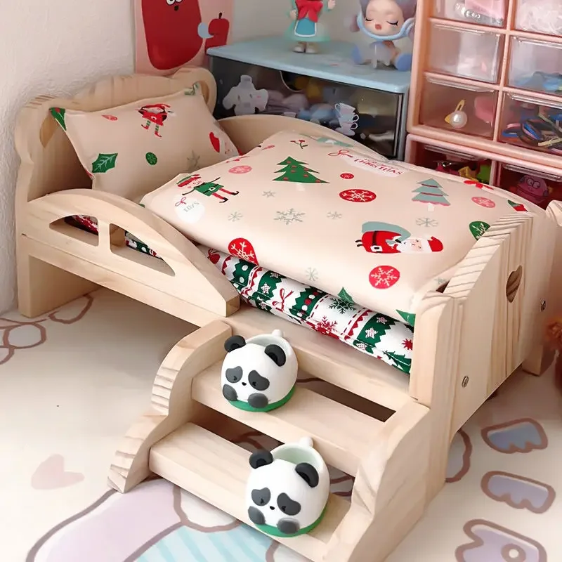 Baby Doll Miniature Bed with Stairs Fashion Doll Play for 20cm 1/6 Doll Accessory Play House Furniture Set Dollhouse Decoration 2
