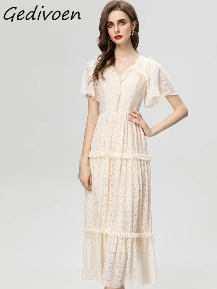 

Осеннее дизайнерское бежевое винтажное кружевное платье Gedivoen, женское облегающее длинное платье с V-образным вырезом и коротким рукавом, с оборками и высокой талией