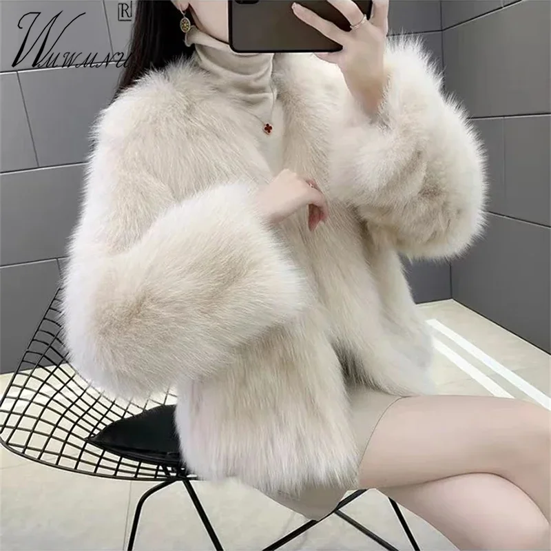 

Korean V-Neck Faux Fox Fur Coats Super Warm Slim Thicken Furry Jacket Elegant Short Winter Casaco Fashion Loose Plush Chaquetas