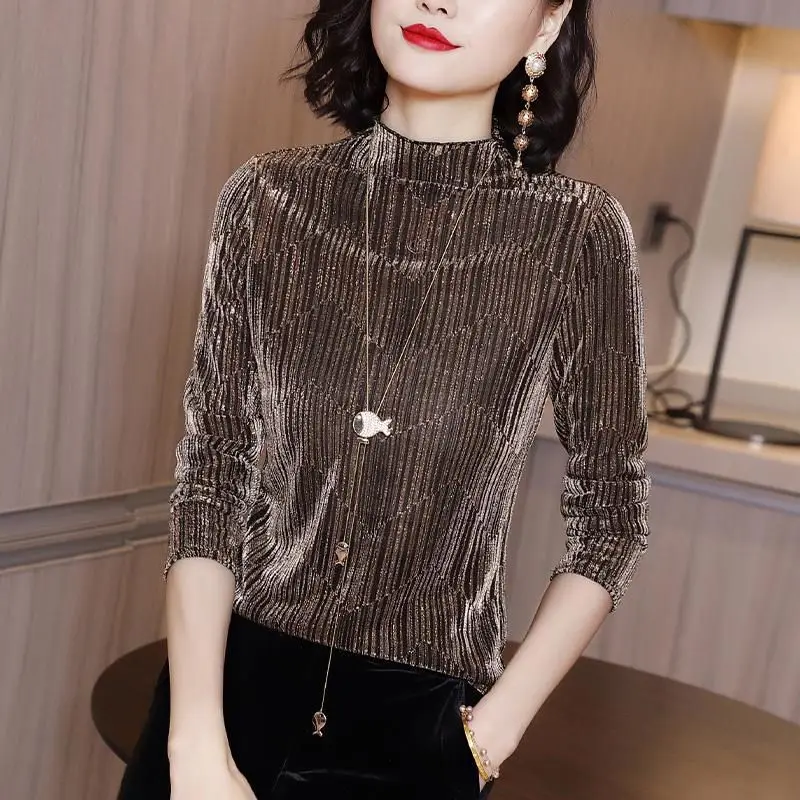 

Autumn Winter Thick Warm Half High Collar Pullovers Female Clothing Casual Fleece Solid Color Elegant Spliced All-match T-shirt