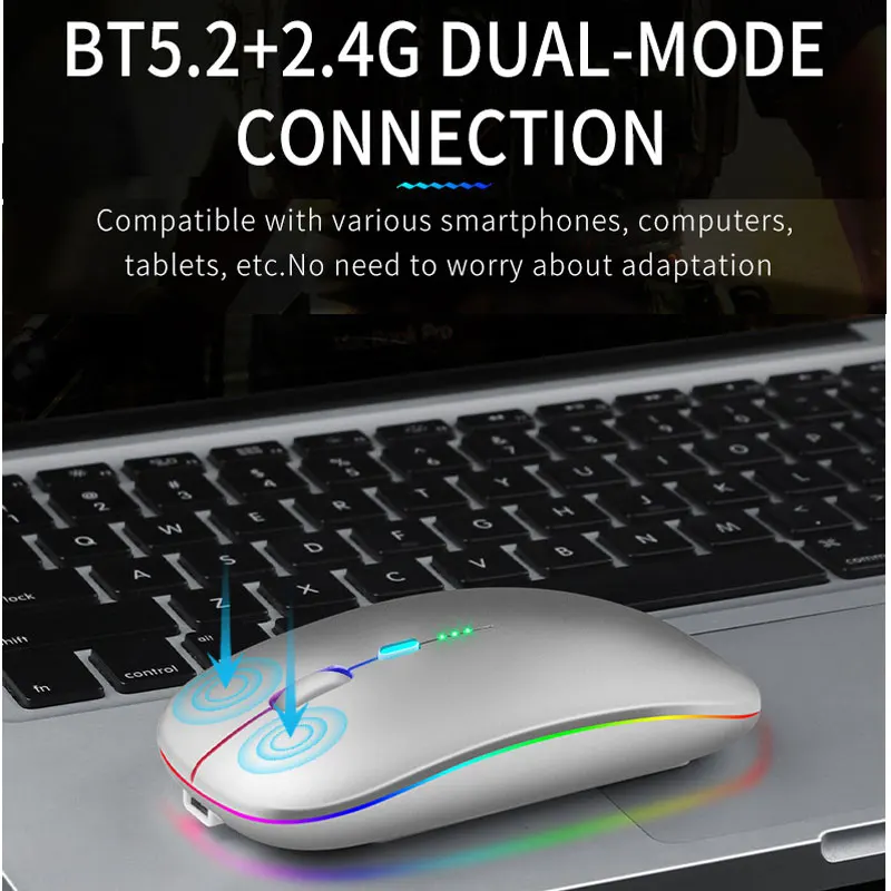 노트북 컴퓨터 PC 맥북용 무선 블루투스 5.0 마우스 - USB 충전식 RGB 조명 전원 표시등이 있는 게이밍 마우스 2.4GH