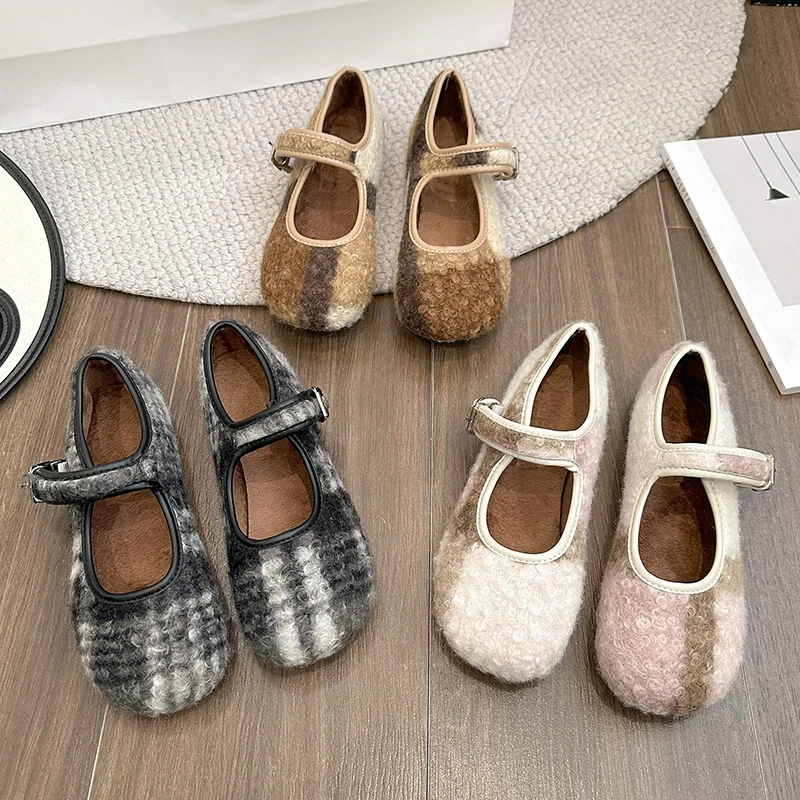 

Женские теплые туфли на плоской подошве, модные теплые туфли мэри джейн без шнуровки, Симпатичные уличные туфли с мягкой подошвой и круглым носком для весны, 2024