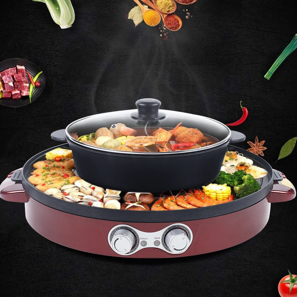 Electric Hot Pot BBQ 2 in 1 2200 W Double Separation Barbecue Grill  Household Hot Pot