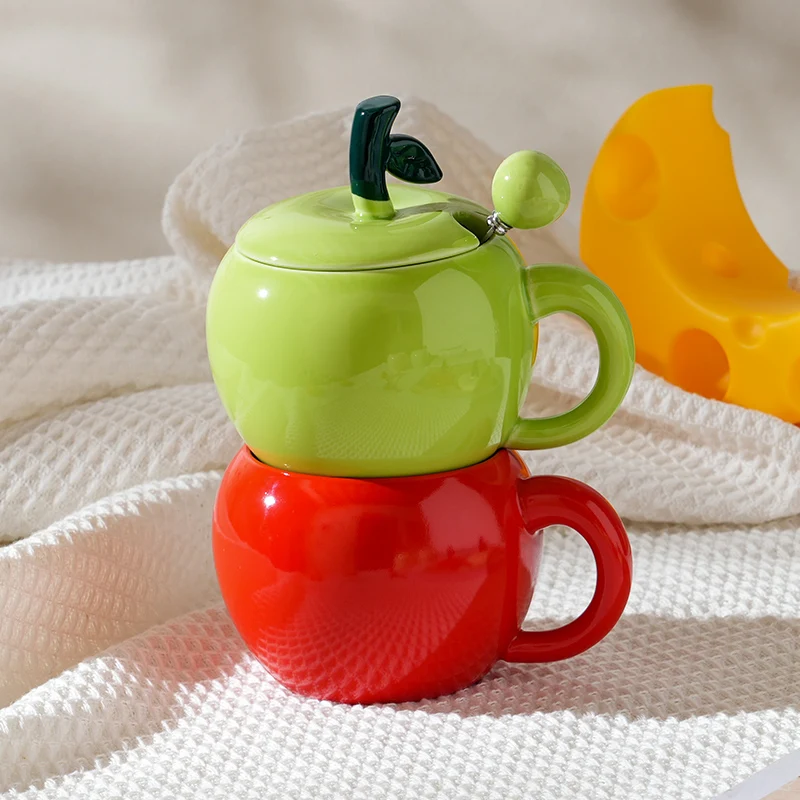 Chinese Style Ceramic Cute Mug, Home Personal Office Creative Covered Spoon, Fruit Apple Shape Milk Water Coffee Cup, 350ml, 1Pc